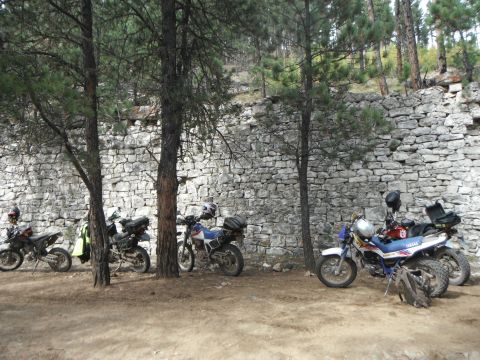 1987 Honda XL600R - Several motorcycles are parked in a line against a rustic stone wall, surrounded by trees.