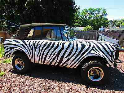 1991 Ford Bronco - A classic convertible SUV with a distinctive zebra print paint job is parked outdoors on a gravel surface.