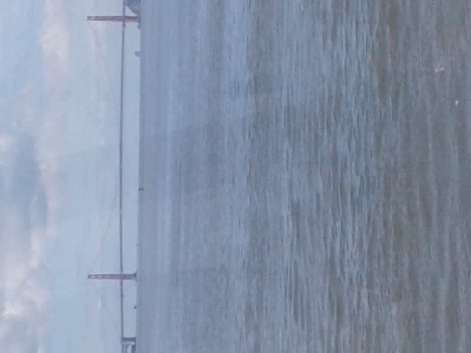 Suspension bridge towers and cables over water