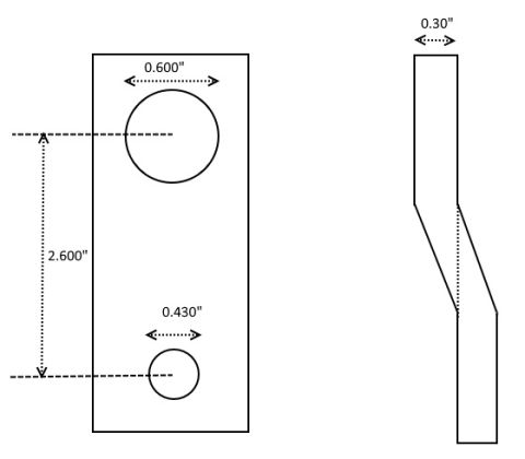 1985 Ford Bronco - Dimensioned blueprint of a flat mounting bracket showing 0.600 and 0.430 inch holes, 2.600 inch spacing and a 0.30 inch bent profile.