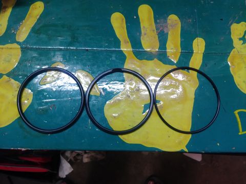 1996 Ford Bronco - Three black O-rings are laid out on a green surface with yellow handprints. The O-rings are of slightly different sizes and appear to be ru…