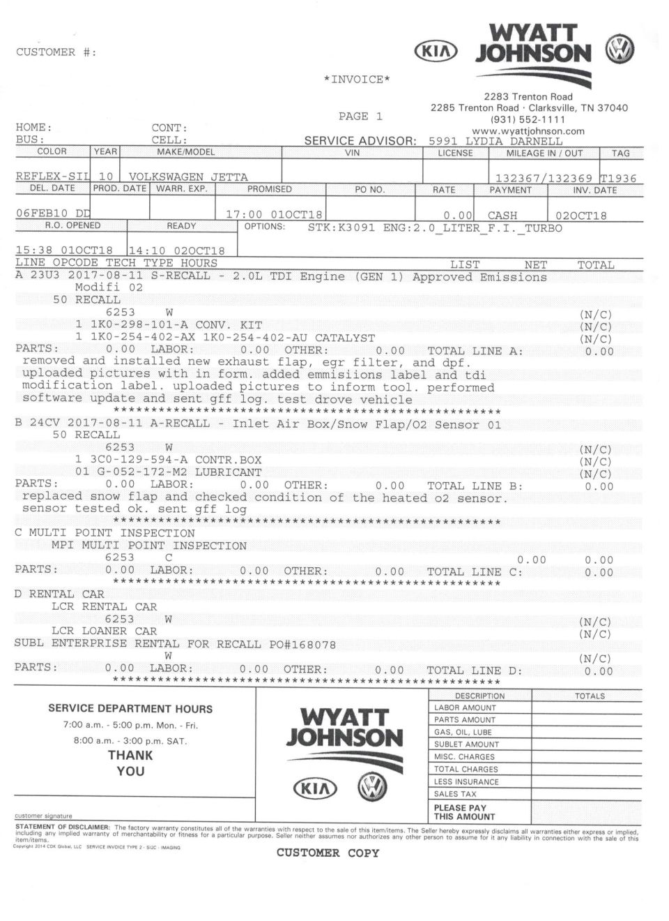 Invoice for 2010 Volkswagen Jetta recall service