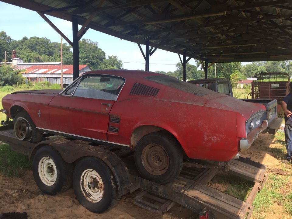 Red 1967 Ford Mustang fastback on a trailer under a covered structure
