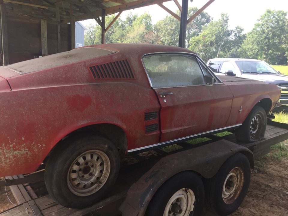 Dusty red 1967 Ford Mustang fastback on a trailer, side view.