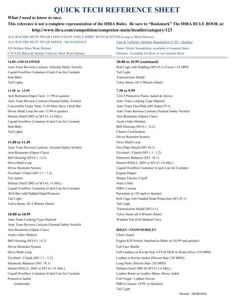 IHRA Quick Tech Reference Sheet - Drag Racing Safety Requirements by ET Class