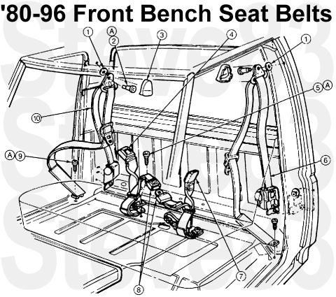 1983 Ford Bronco - '80-96 Front Bench Seat Belts IF THE IMAGE IS TOO SMALL, click it. Item Description Part Number 1 Felt Washer N805266-S 2 Anchor Bolt 38639…