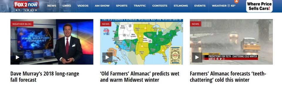 Screenshot of a news website with weather forecast articles.