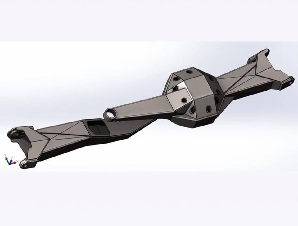 3D rendering of a custom gray rear axle housing and suspension linkage assembly