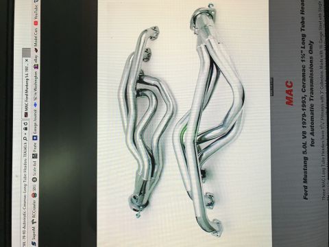1964 Ford Fairlane - Sales product page for MAC ceramic-coated long-tube headers for the 1979-1993 Ford Mustang 5.0L V8 automatic.