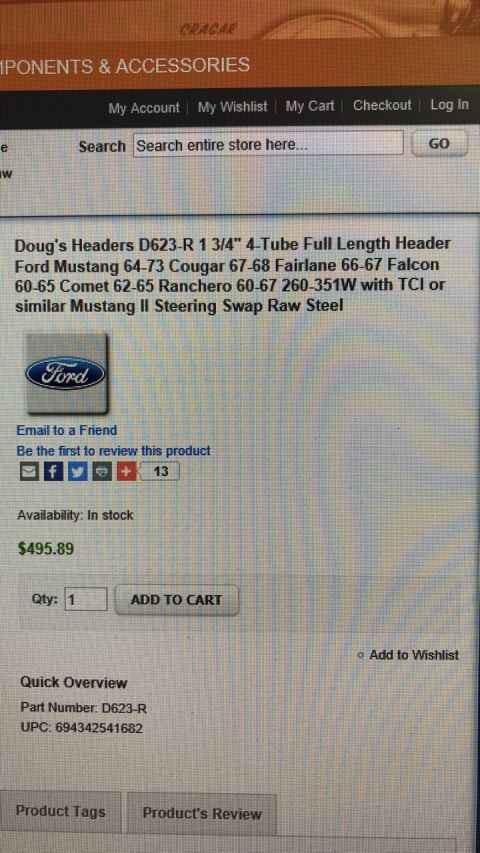 1964 Ford Fairlane - E-commerce product listing screenshot for a Doug's Headers four-tube full-length header with price and part number.