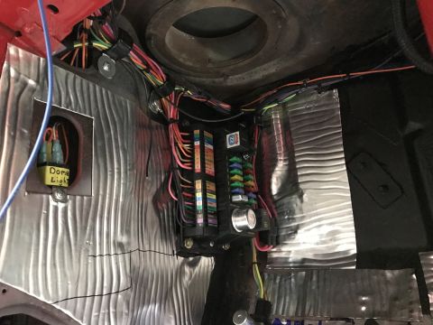1964 Ford Fairlane - Custom wiring harness and fuse box installation with labeled dome light junction.