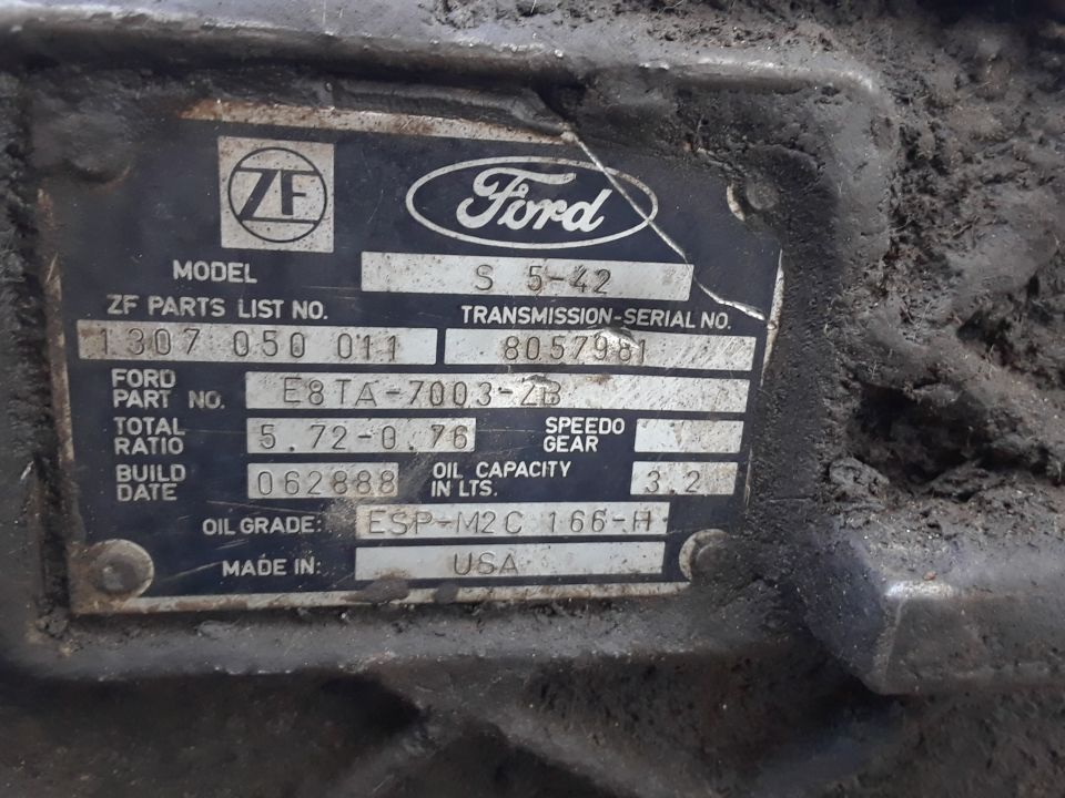 ZF/Ford S5-42 transmission ID plate listing parts list, serial, ratios, oil grade