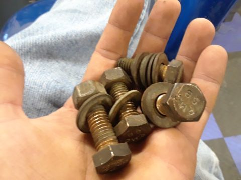 1996 Ford F-350 - Several bolts and washers are held in a person's hand, with some visible markings on the bolt heads.