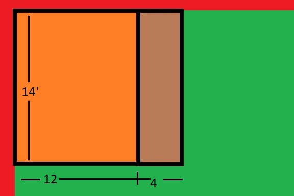 Diagram with dimensions showing an orange and brown rectangle next to a green area.