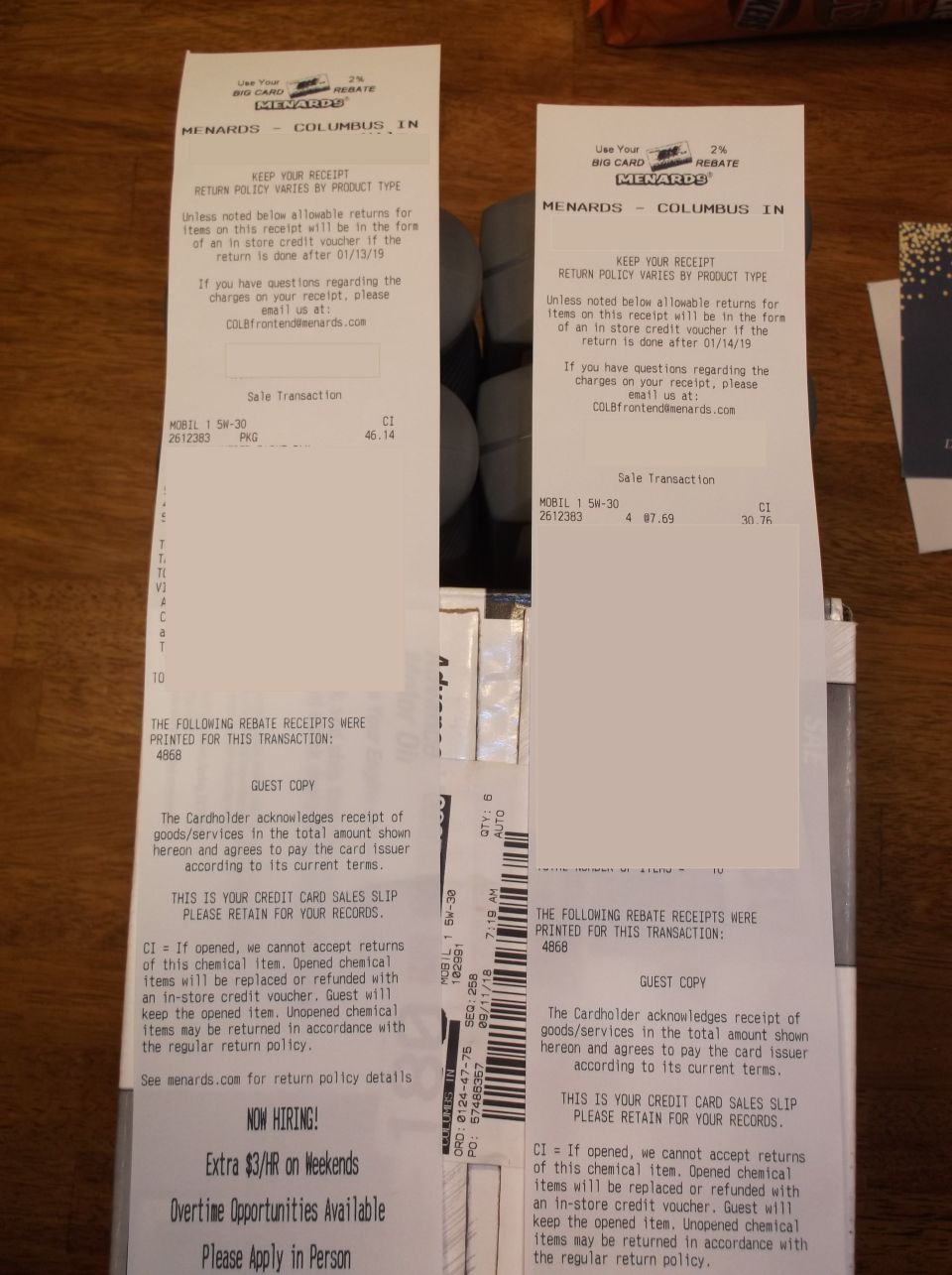 Stack of Menards receipts