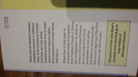 Book cover with text about presidents and hurricanes, and a donation note for victims