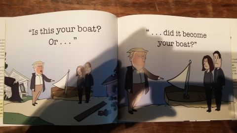 Cartoon illustration of Donald Trump pointing at a damaged house and a boat, with a couple looking distressed.
