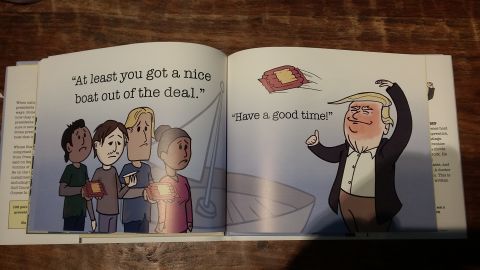Cartoon illustration from a book showing sad characters and Donald Trump throwing money into a boat.