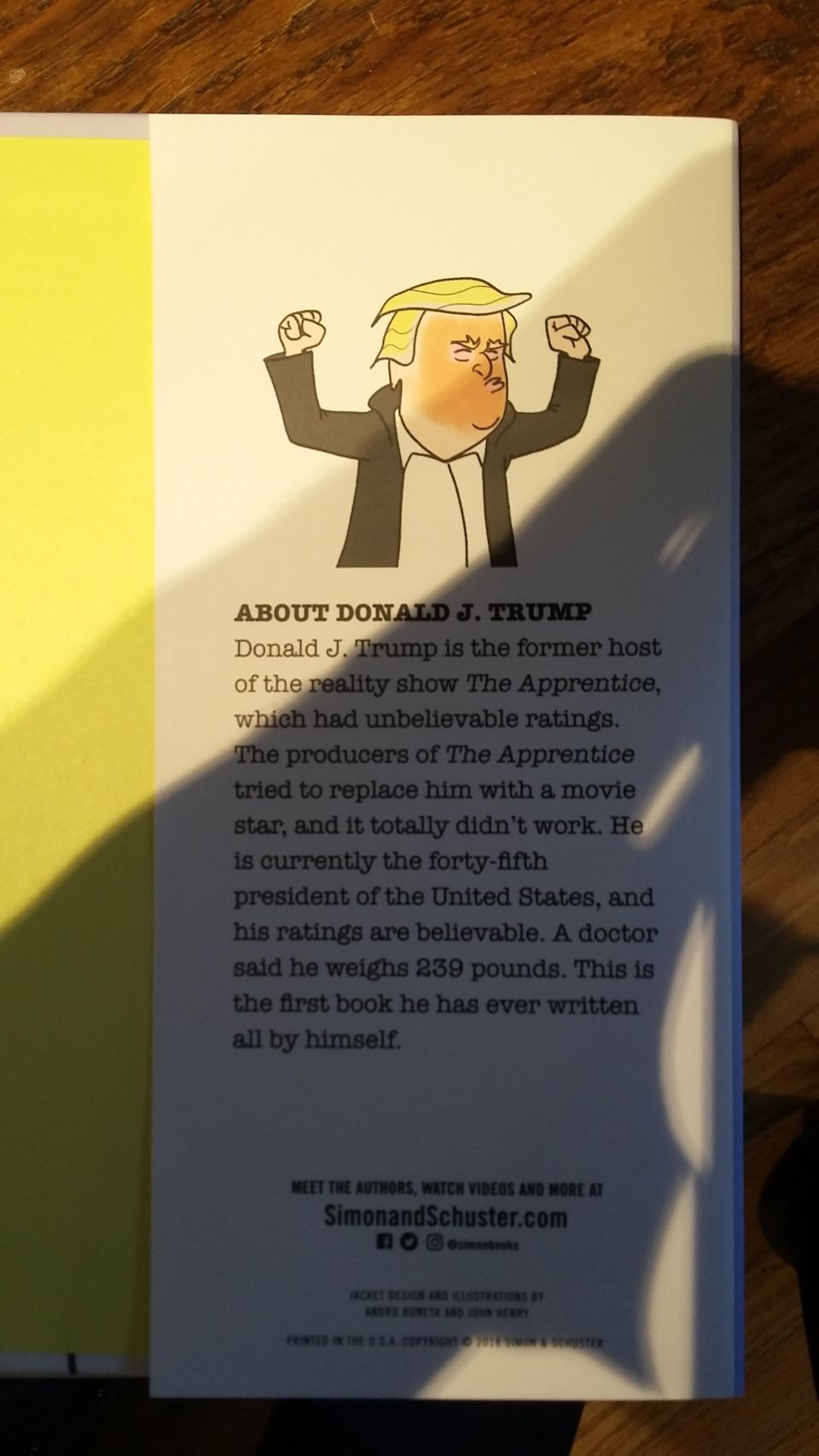Back cover of a book with a cartoon of Donald Trump and text about him.