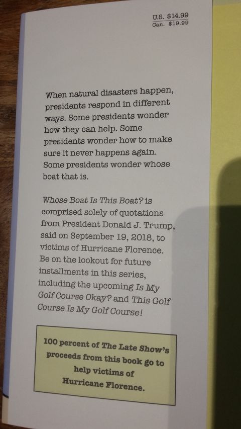 Back cover of the book "Whose Boat Is This Boat?" with pricing and donation information.