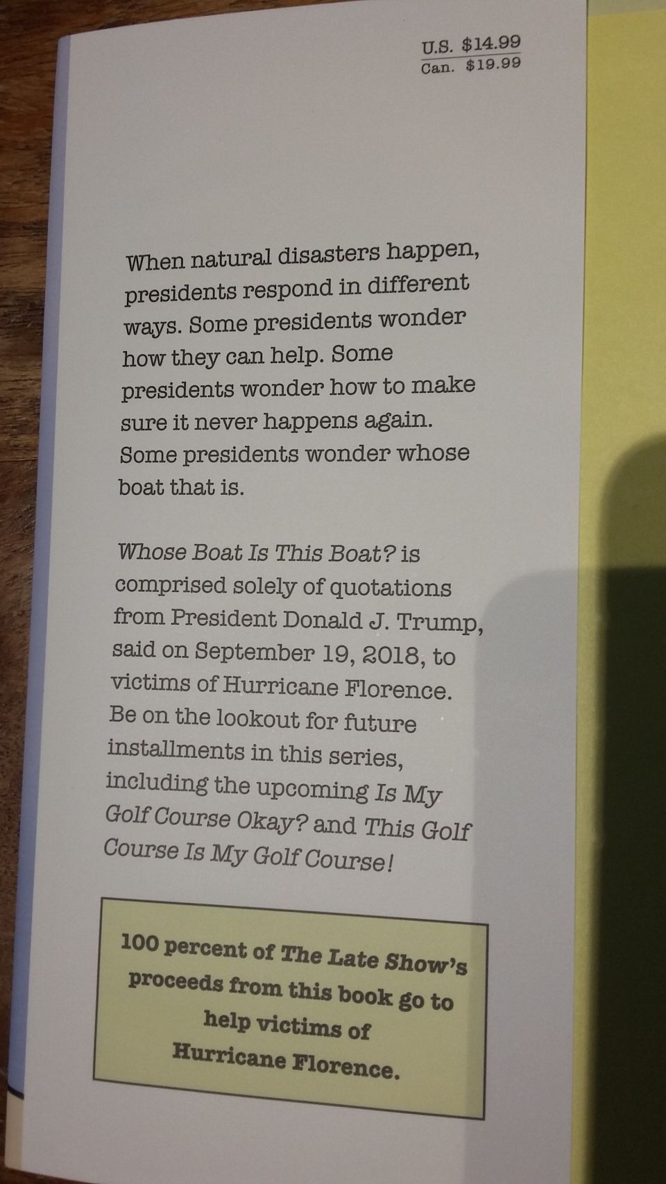 Back cover of the book "Whose Boat Is This Boat?" with pricing and donation information.