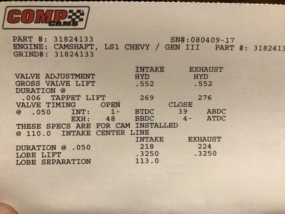COMP Cams spec card for LS1 Chevy camshaft 31824133 with lift, duration, timing