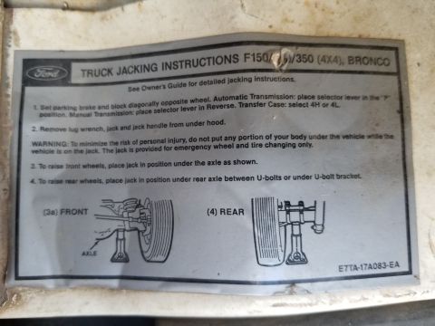 1995 Ford Bronco - Jacking instructions (note the 1987 PN) IF THE IMAGE IS TOO SMALL, click it.