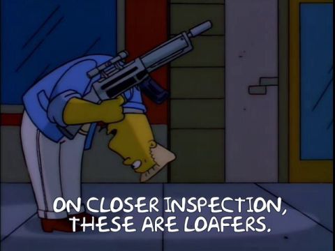 Cartoon character holding a rifle and looking down at his shoes.