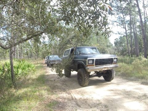 1996 Ford Bronco - A lifted, dark green 1978-1979 Ford Bronco is parked on a dirt road in a wooded area, with another vehicle partially visible behind it.