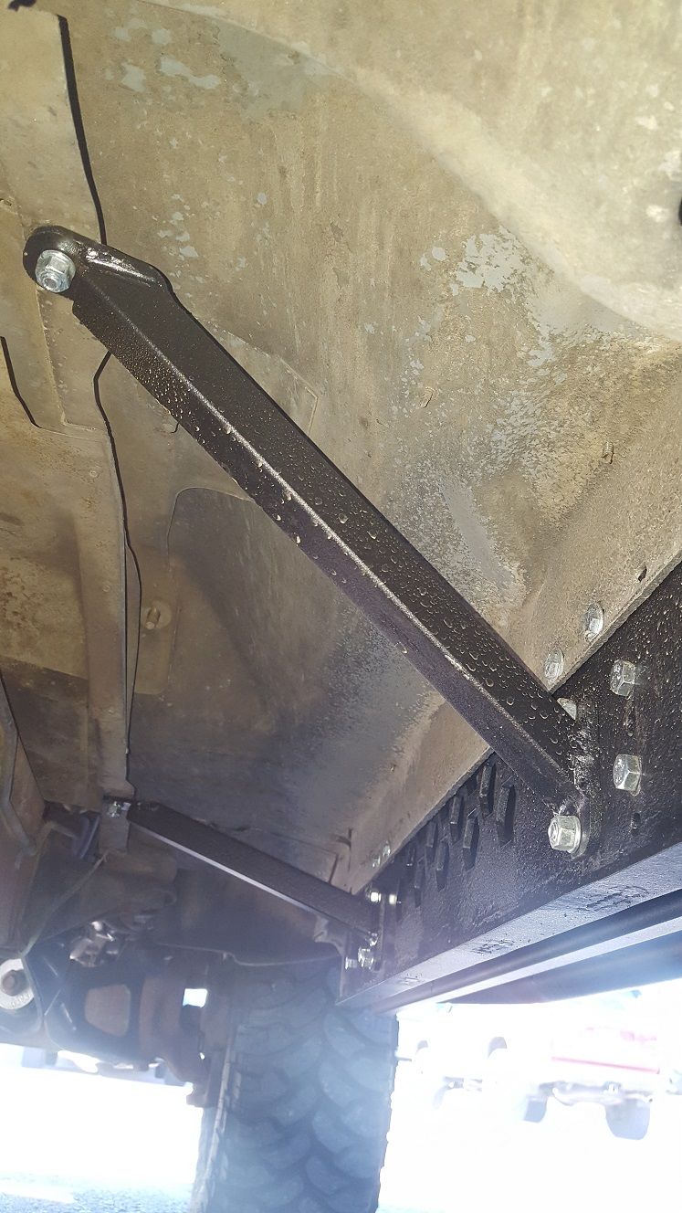 Underbody of a vehicle showing black metal fabrication and suspension parts, with a tire visible below