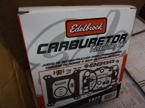 1996 Ford Bronco - Box for an Edelbrock Carburetor Rebuilding Kit, model 1477, showing a diagram of the parts included.