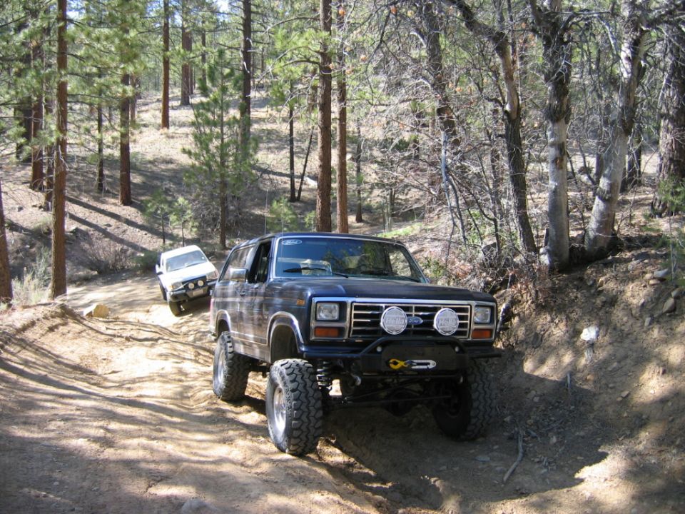 Dark blue lifted Ford Bronco on a dirt forest trail