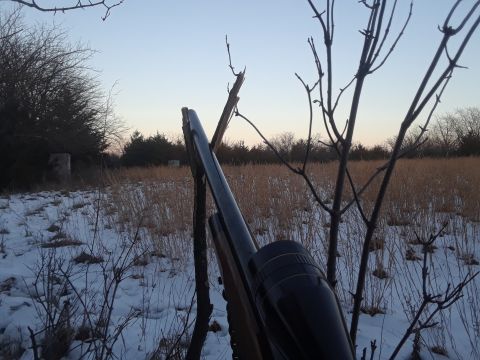 1994 Ford Bronco - A rifle scope and barrel are visible in the foreground, set against a winter landscape with a field of dry grass and snow.