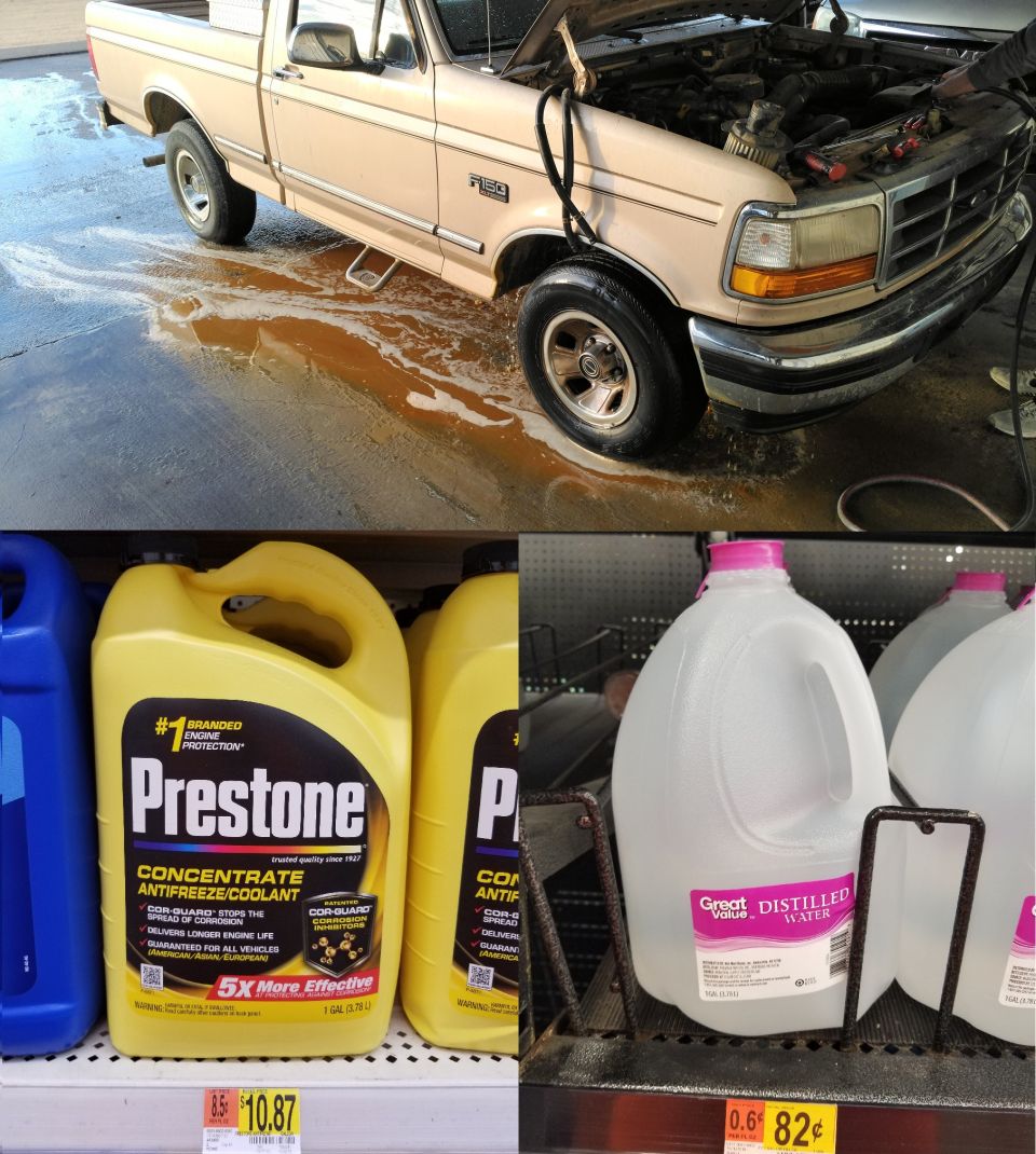 Tan 1990s Ford F-150 with hood up beside Prestone antifreeze and distilled water jugs