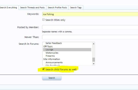 1971 Ford Ranchero - A screenshot shows a website's search interface, highlighting the 'Ice Fishing' keyword field and forum selection options.