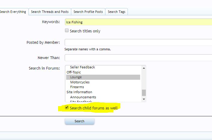 Screenshot of a website's search interface with 'Ice Fishing' in keywords