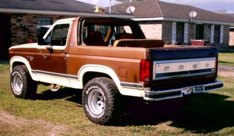 1980 Ford Bronco - This 1980 Ford Bronco is shown from the rear with its removable top taken off.
