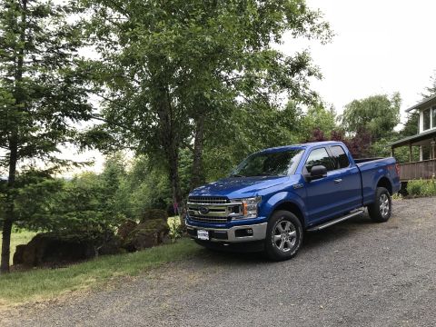 2018 Ford F-150 - A blue 2018 Ford F-150 is parked on a gravel surface next to a grassy area with trees.