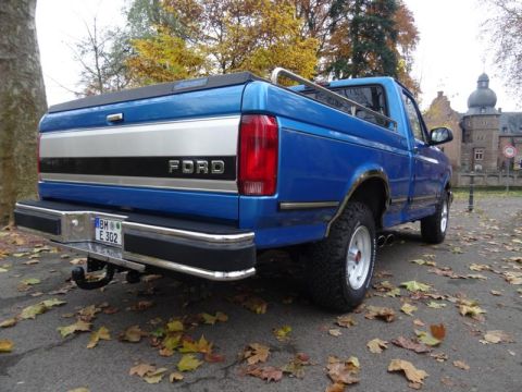 1994 Ford F-150 - Blue Ford pickup truck parked outdoors with autumn leaves on the ground.