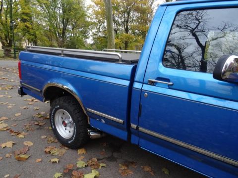 1994 Ford F-150 - The side profile of a blue pickup truck is shown, with chrome accents and a tonneau cover on the bed.