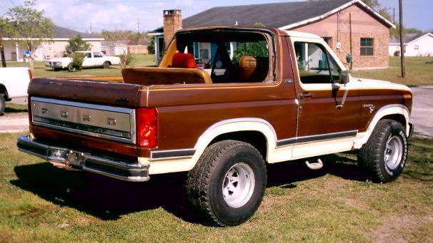 Brown and white Ford Bronco parked on grass. It has a removable top and a chrome tailgate panel