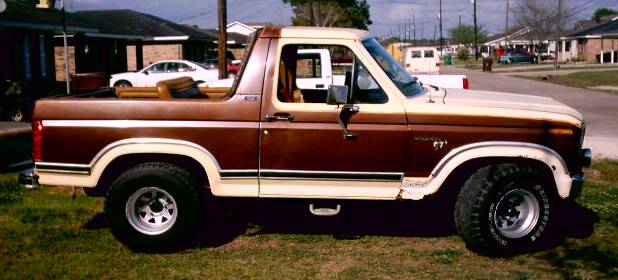 Brown and tan Ford Bronco parked on grass. It has a removable top and a step bar