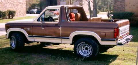1980 Ford Bronco - A two-tone brown 1980 Ford Bronco is parked on a grassy area with a building in the background.