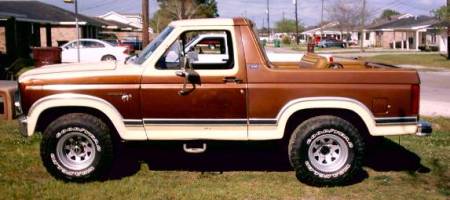 1980 Ford Bronco - A two-tone brown and cream 1980 Ford Bronco is parked on a grassy area in front of houses.