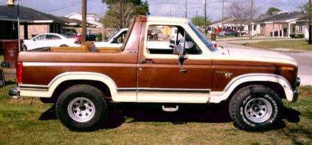 1980 Ford Bronco - Side view of a two-tone brown and white 1980 Ford Bronco parked on grass.