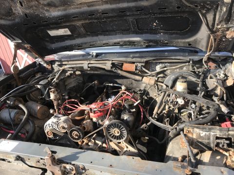 1992 Ford Bronco - The engine bay of a 1992 Ford Bronco is shown with the hood open. The engine is dirty and appears to be a V8 with red spark plug wires and…