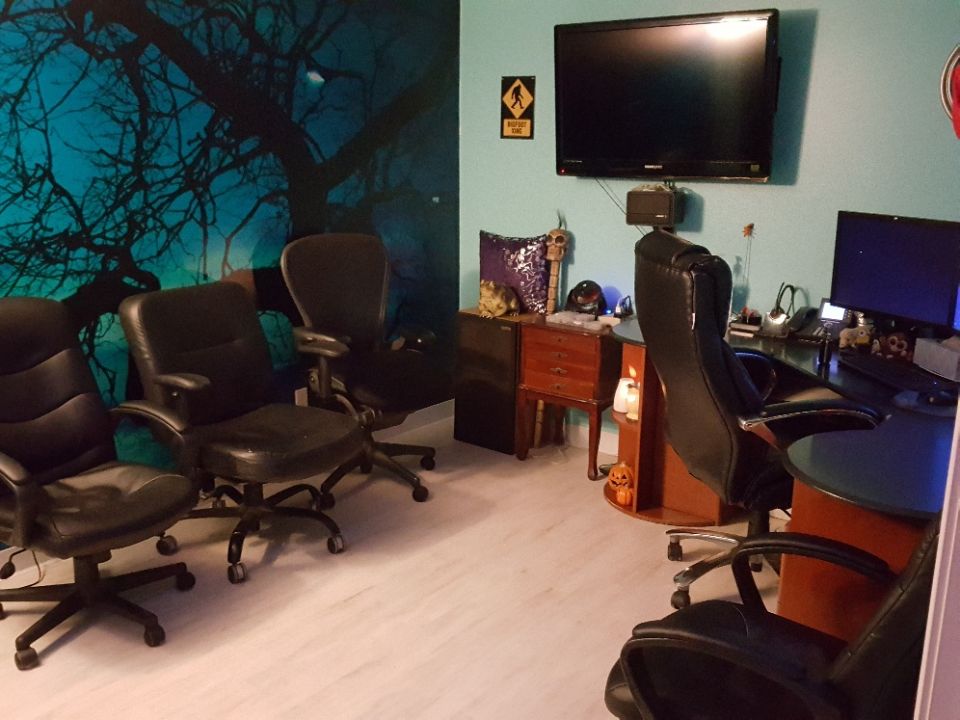 Office with chairs, desk, computer, and a large tree mural on the wall
