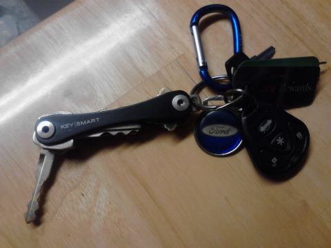 1995 Ford Bronco - A collection of keys, including a KeySmart organizer and a Ford branded keychain, are attached to a blue carabiner.
