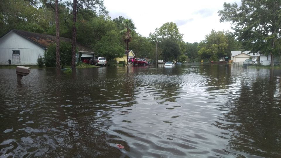 Flooded suburban street with multiple cars submerged in water, including a red sedan and a white sedan