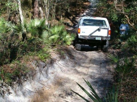 1995 Ford Bronco - White lifted Ford Bronco climbing a rutted sand hill on a wooded trail lined with palmetto, photographed from behind and below. The rear sh…